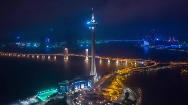 Macau Februari 2019 Macau Cityscape Downtown Riverside Luchtfoto Panorama Nachts — Stockvideo