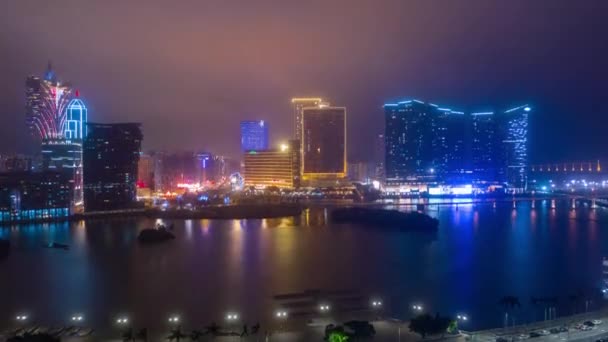 Makao Şubat 2019 Macau Cityscape Downtown Riverside Havadan Panorama Gece — Stok video