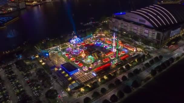 Night Illuminated Singapore City Flight Famous Park Aerial Topdown Panorama — Stock Video