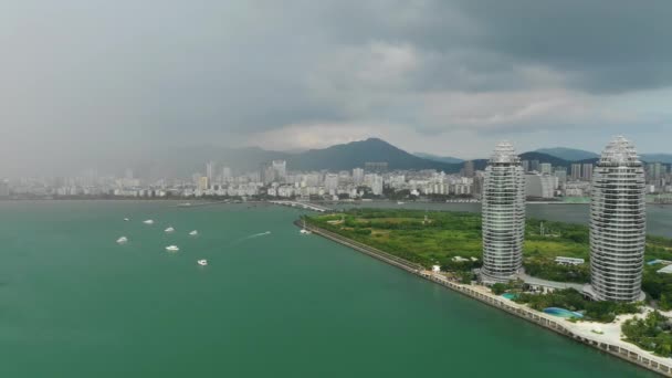 Sanya Hainan Setembro 2018 Sanya Edifícios Famosos Ilha Panorâmica Aérea — Vídeo de Stock