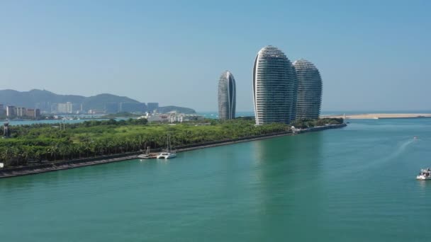 Sanya Hainan Setembro 2018 Sanya Edifícios Famosos Ilha Panorâmica Aérea — Vídeo de Stock