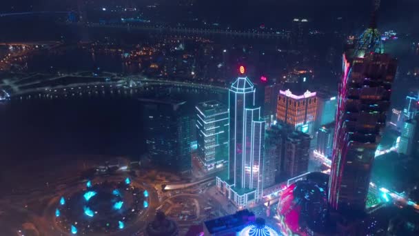 Macau February 2019 Macau Cityscape Downtown Riverside Aerial Panorama Night — Stock Video