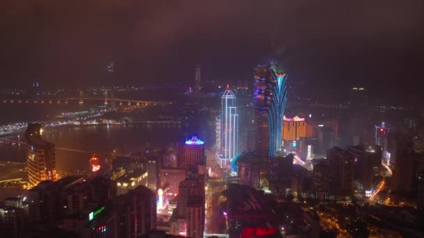 Makau Luty 2019 Macau Gród Centrum Rzeki Antena Panorama Nocy — Wideo stockowe