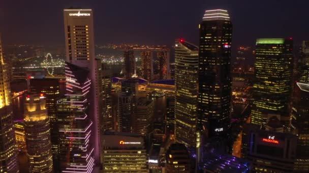 Singapur Noche Aérea Iluminado Vertical Paisaje Urbano Panorama Material Archivo — Vídeo de stock