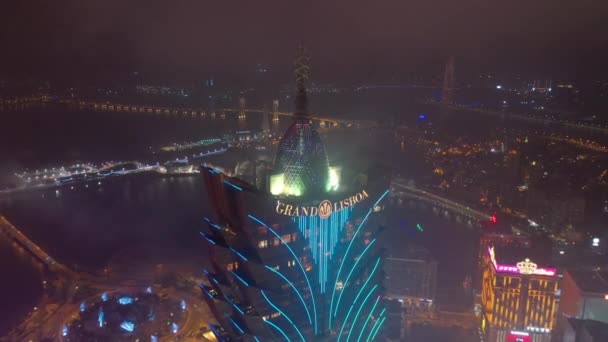 Macau February 2019 Macau Cityscape Downtown Riverside Aerial Panorama Night — Stock Video