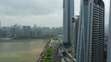 Makao - 2 Şubat 2019: macau cityscape downtown riverside havadan panorama 4k circa 2 Şubat 2019 macau, çin.