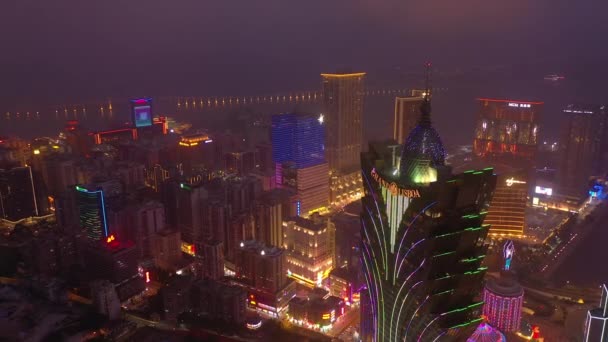 Macau February 2019 Macau Cityscape Downtown Riverside Aerial Panorama Night — Stock Video
