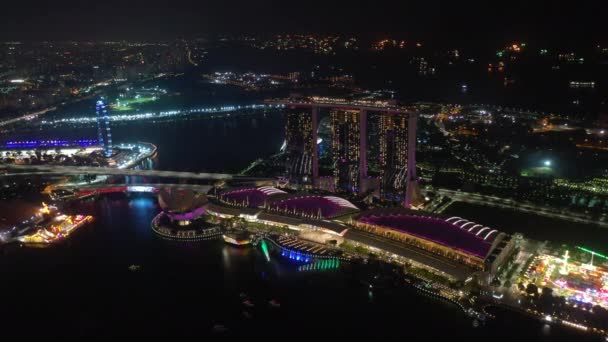 新加坡空中夜照明自上而下城市景观全景 — 图库视频影像