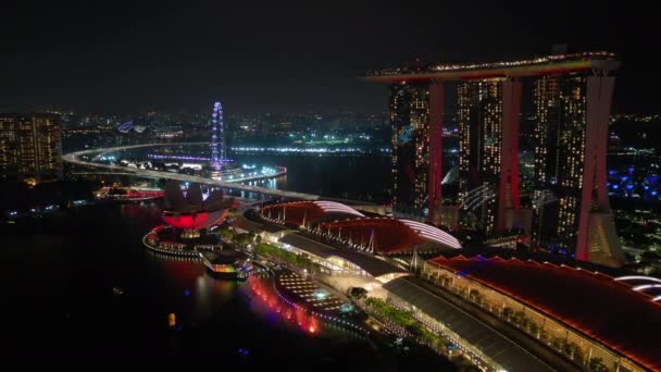 Singapur Hava Gece Aydınlatılmış Topdown Cityscape Panorama Görüntüleri — Stok video