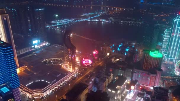 Makau Luty 2019 Macau Gród Centrum Rzeki Antena Panorama Nocy — Wideo stockowe