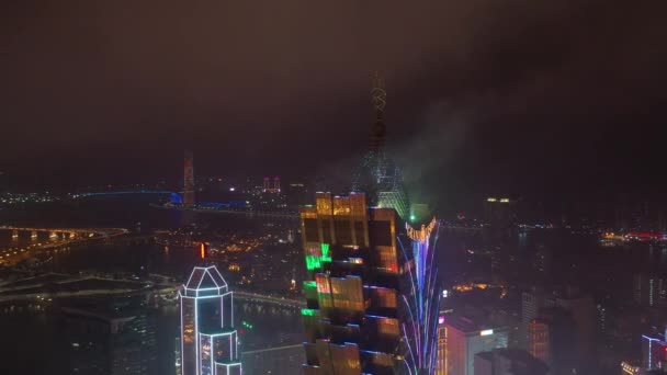 Macau Februari 2019 Macau Cityscape Downtown Riverside Luchtfoto Panorama Nachts — Stockvideo