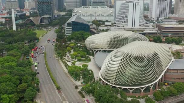 Денний Час Польоту Над Сінгапуром Міський Трафік Повітряна Панорама Кадри — стокове відео