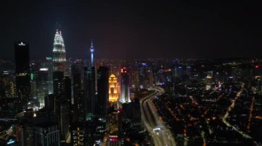 KUALA LUMPUR, MALAYSIA - JUNE 25 2019: Night time kuala lumpur downtown aerial panorama 4k circa september 25 2018 kuala lumpur, malaysia.