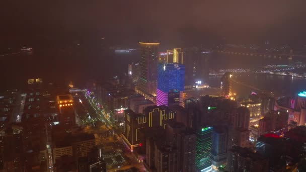 Macau Februar 2019 Macau Stadtbild Innenstadt Flussufer Luftbild Bei Nacht — Stockvideo