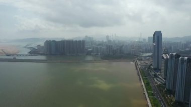 Makao - 2 Şubat 2019: macau cityscape downtown riverside havadan panorama 4k circa 2 Şubat 2019 macau, çin.