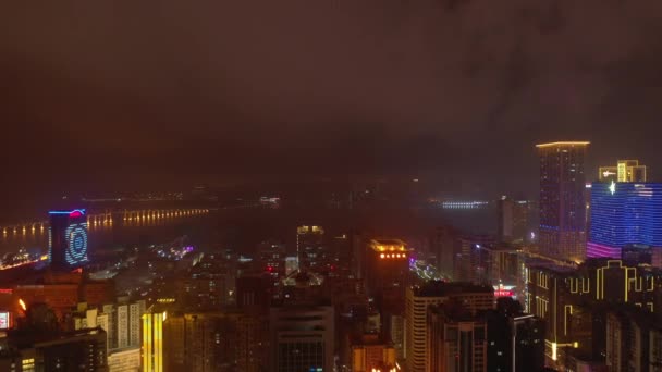 Makao Şubat 2019 Macau Cityscape Downtown Riverside Havadan Panorama Gece — Stok video