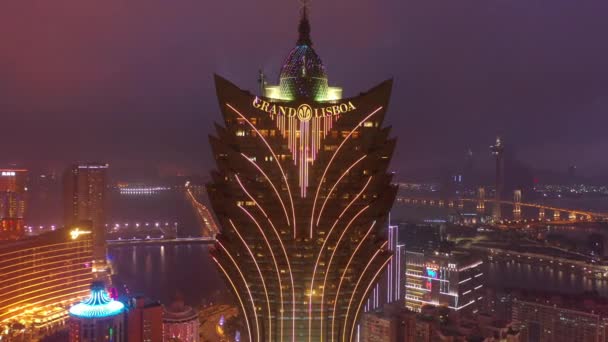 Macau Februar 2019 Macau Stadtbild Innenstadt Flussufer Luftbild Bei Nacht — Stockvideo