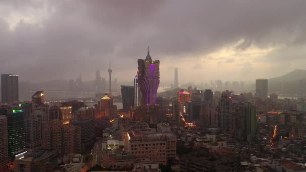 Macau Fevereiro 2019 Macau Cityscape Downtown Riverside Aerial Panorama Noite — Vídeo de Stock