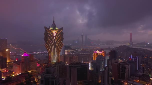 Makau Luty 2019 Macau Gród Centrum Rzeki Antena Panorama Nocy — Wideo stockowe