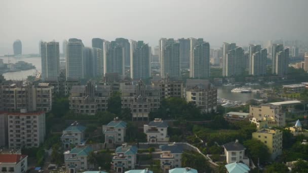 Zonsondergang Tijd Beroemde Sanya Baai Stadsgezicht Luchtfoto Panorama China — Stockvideo