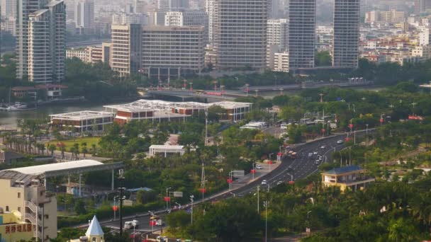 Coucher Soleil Célèbre Baie Sanya Paysage Urbain Panorama Aérien Chine — Video