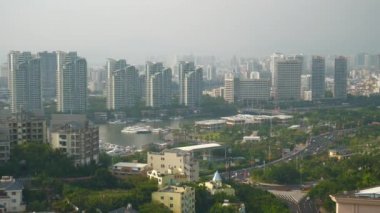 günbatımı zamanı ünlü sanya defne cityscape hava panorama 4k Çin