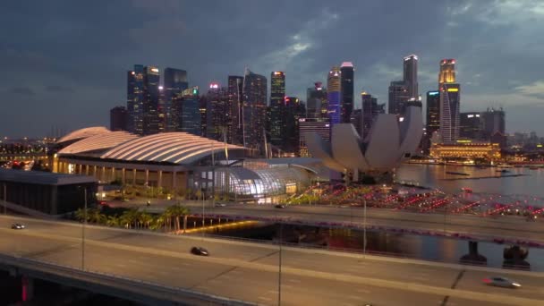 Night Time Flight Singapore City Traffic Aerial Panorama Footage — Stock Video