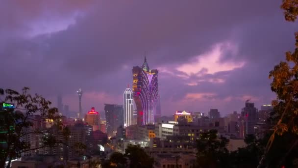 Makau Wyspa Oświetlone Panorama Krajobraz Miasta Nocy Timelapse Materiał Chiny — Wideo stockowe