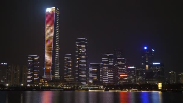 Nuit Bord Rivière Shen Zhen Illuminé Paysage Urbain Panorama — Video