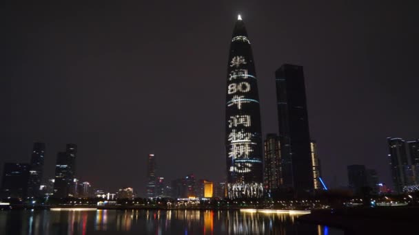 Noche Tiempo Ribera Shen Zhen Paisaje Urbano Iluminado Panorama — Vídeos de Stock