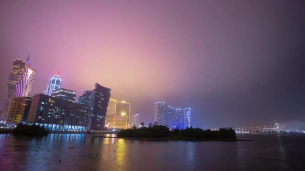 Macau Belyst Stadsbild Panorama Natten Timelapse Film Porslin — Stockvideo