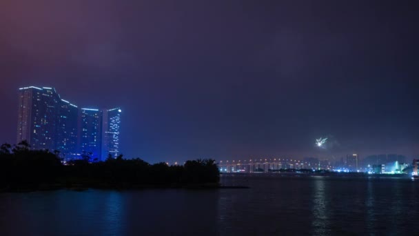 Noche Iluminada Macao Taipa Isla Paisaje Marino Timelapse Metraje China — Vídeos de Stock