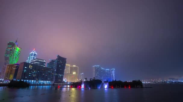 Macau Belyst Stadsbild Panorama Natten Timelapse Film Porslin — Stockvideo