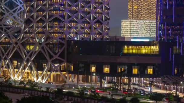 Macau Şehri Gece Aydınlatma Binaları Panorama Şehir Merkezinde Zaman Aşımına — Stok video