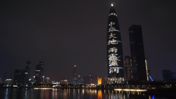 Nuit Bord Rivière Shen Zhen Illuminé Paysage Urbain Panorama — Video