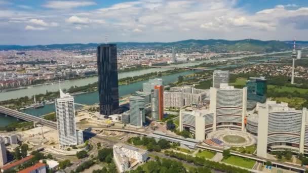 Sunny Day Vienna City Modern Downtown Riverside Aerial Panorama Timelapse — Stock Video