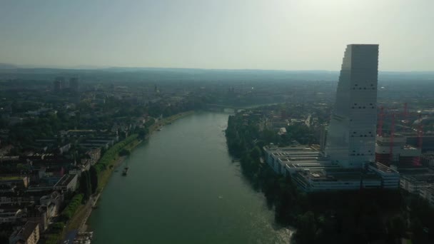 Vlucht Boven Basel City River Sunset Tijd Luchtfoto Panorama Zwitserland — Stockvideo