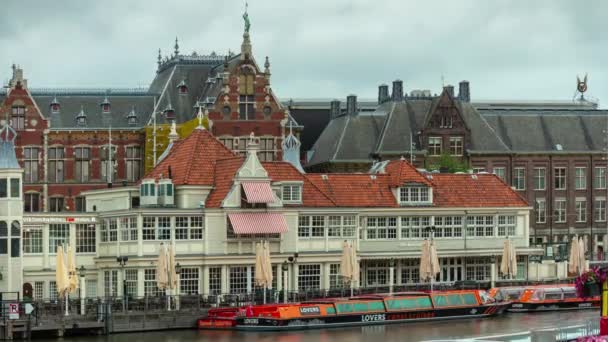 Amsterdam City Day Tid Centraltågstation Docka Panorama Timelapse Nederländerna — Stockvideo