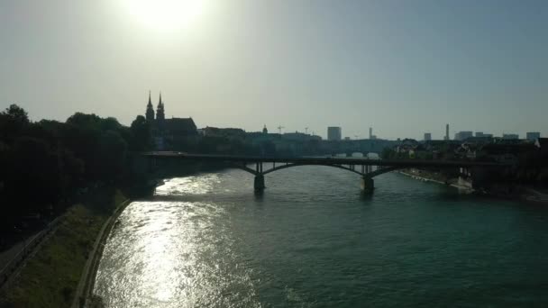 Vol Dessus Ville Basel Baie Coucher Soleil Lumière Panoramique Aérien — Video