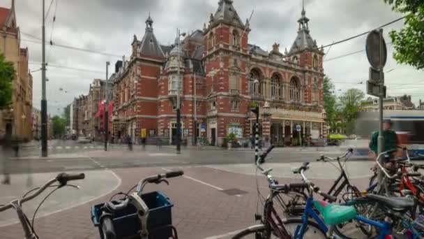 Amsterdam Ciudad Nublado Día Tráfico Calle Plaza Panorama Timelapse Países — Vídeo de stock