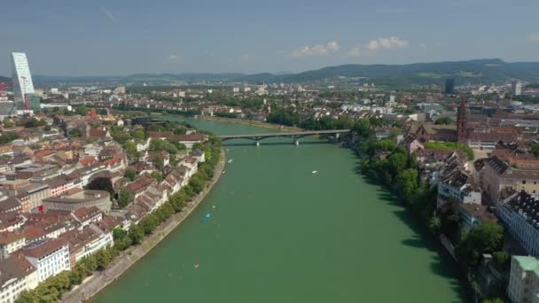 Vlucht Basel City River Zomerdag Luchtfoto Panorama Zwitserland — Stockvideo