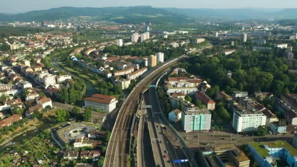 Západ Slunce Denní Doba Basilejská Magistrát Vzdušné Panorama Švýcarsko — Stock video