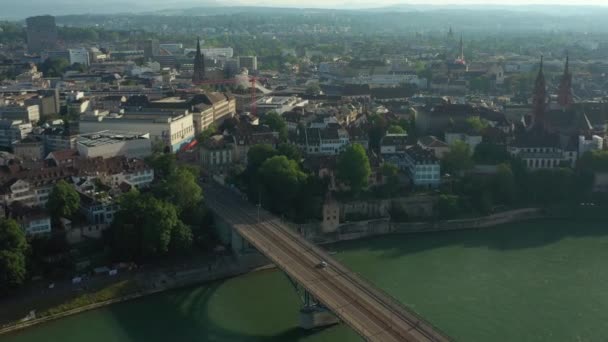 Vlucht Basel City River Traffic Bridge Sunset Time Luchtfoto Panorama — Stockvideo