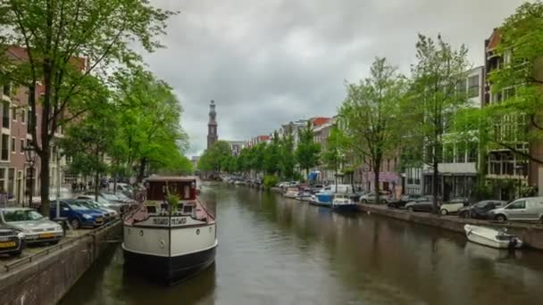 Day Time Amsterdam City Famous Canal Traffic Bridge Panorama Timelapse — Stock Video