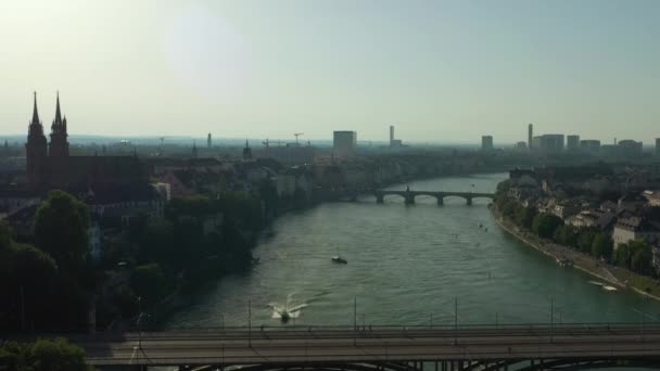 Полет Над Городом Базель Река Время Захода Солнца Воздушная Панорама — стоковое видео
