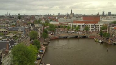 gün batımı Amsterdam şehir merkezi hava panorama 4k hollanda