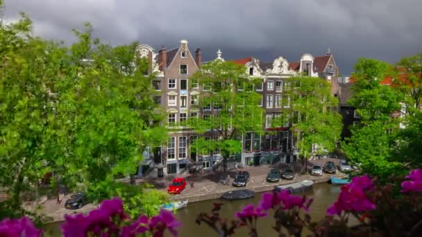 Шторм Солнечное Небо Amsterdam Городского Канала Панорама Крыше Timelapse Netherlands — стоковое видео