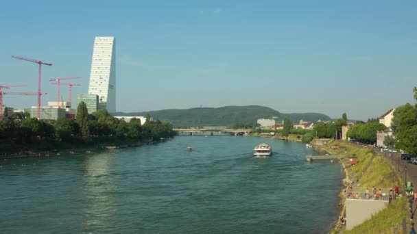 Summer Day Basel City Modern District Construction Riverside Aerial Panorama — Stock Video