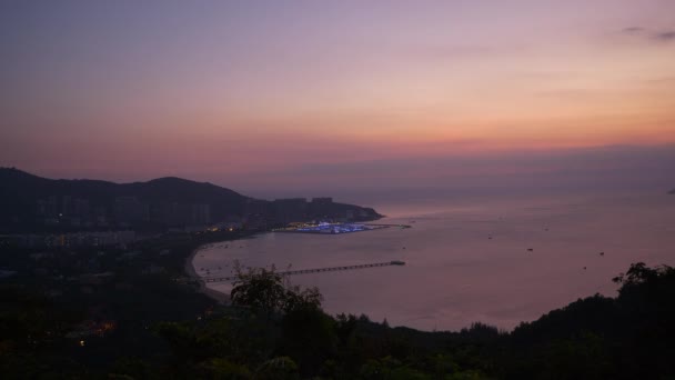 Atardecer Tiempo Sanya Ciudad Ribereña Bahía Muelle Panorama Hainan Isla — Vídeos de Stock