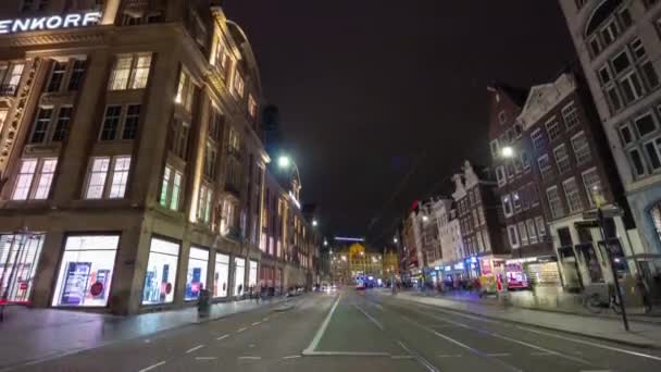 Amsterdam Město Noční Čas Osvětlený Centrální Dopravní Ulice Panorama Timuplynout — Stock video